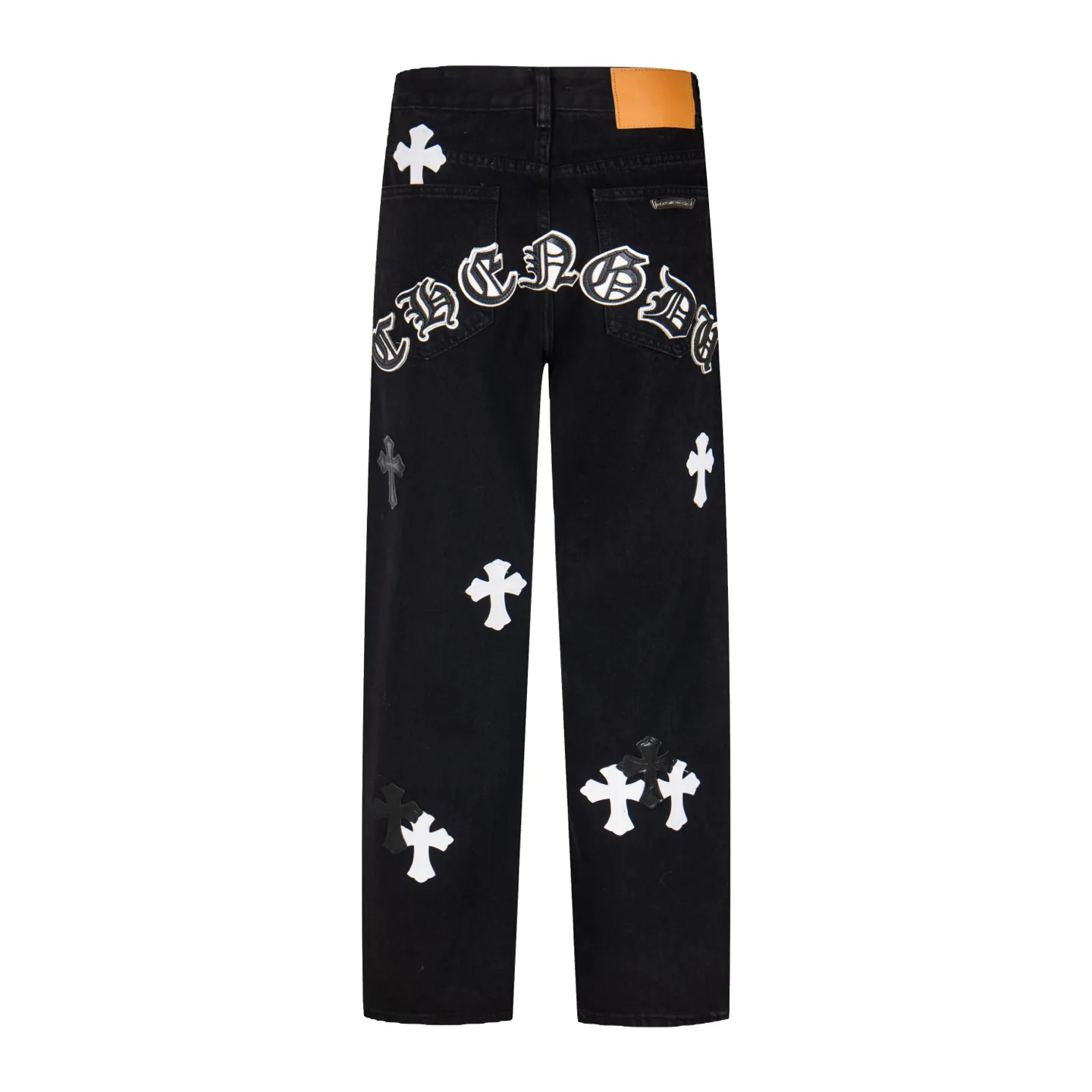 P260 Chrome Hearts Black Pants Sanskrit Black and White Patch Leather Jeans CH jeans need to be washed and then disassembled and hand-stitched with sheepskin cross leather and then spliced ​​together to complete. The whole piece has too many craftsmanship to explain, patchwork cross pattern embellishment, high-waisted washed jeans! ! Absolutely high-end luxury products, god-level single products and super popular products, made with top heavy industry, a must-see magic weapon. Customized hardware. The fabric is thick and soft after washing. It has good breathability. Customized small leather label. Unique design. The details are simple and elegant, and the workmanship is exquisite. The entire trousers are neatly routed and the details are in place! It’s so cool that both men and women can easily control the genderless trend! Style number: 1875# Color: black Size: 28 30 32 34